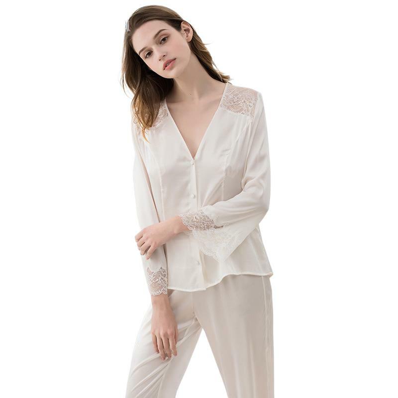 Momme-Pijama de seda de morera para mujer, ropa de dormir de manga larga, pantalones de verano, 100%