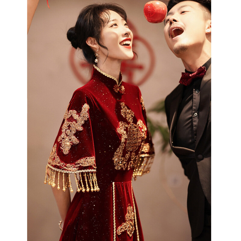 Vestido Retro de manga corta para mujer, vestido de terciopelo rojo vino, boda, compromiso, banquete, primavera y verano, novedad de 2022