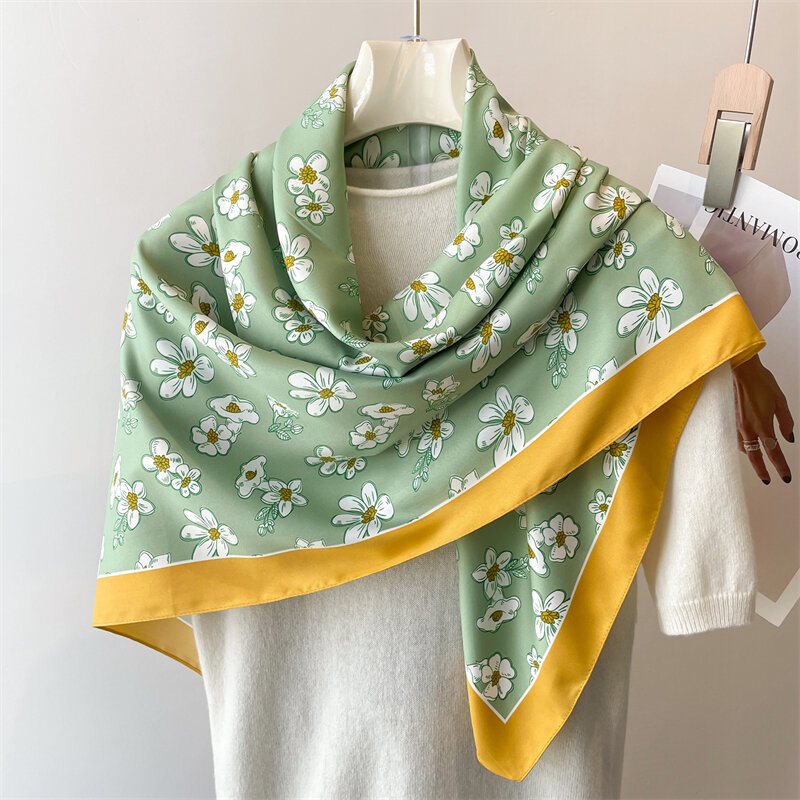 Fashion Bloemenprint 90Cm Vierkante Sjaal Voor Vrouwen Luxe Hijab Twill Zijden Hoofddoek Bandana Vrouwelijke Hoofdband Shawl Wraps Foulard