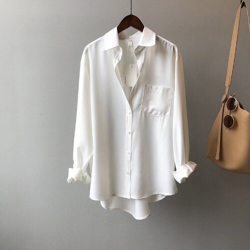 Camisa francesa feminina primavera outono 2020, camisa coreana de cor sólida simples com manga comprida lapela plus size