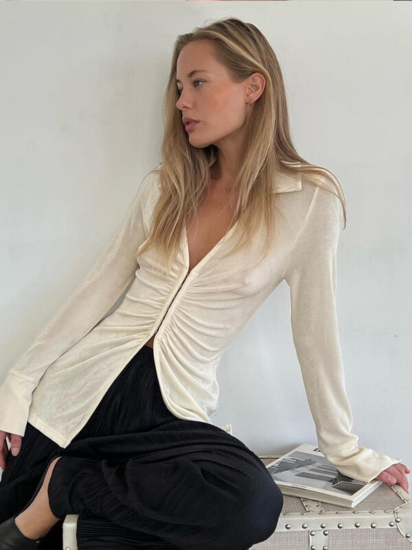 Ruched Kemeja Lengan Panjang Wanita Blus Wanita Mode Elegan 2022 Kaus Panjang Kasual Musim Gugur Musim Dingin Atasan Blus Hijau Putih