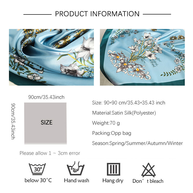 Foulard carré en soie imprimé Floral 2021 pour femmes, mode Satin doux, 90x90cm, Bandana, bandeau, châle de plage