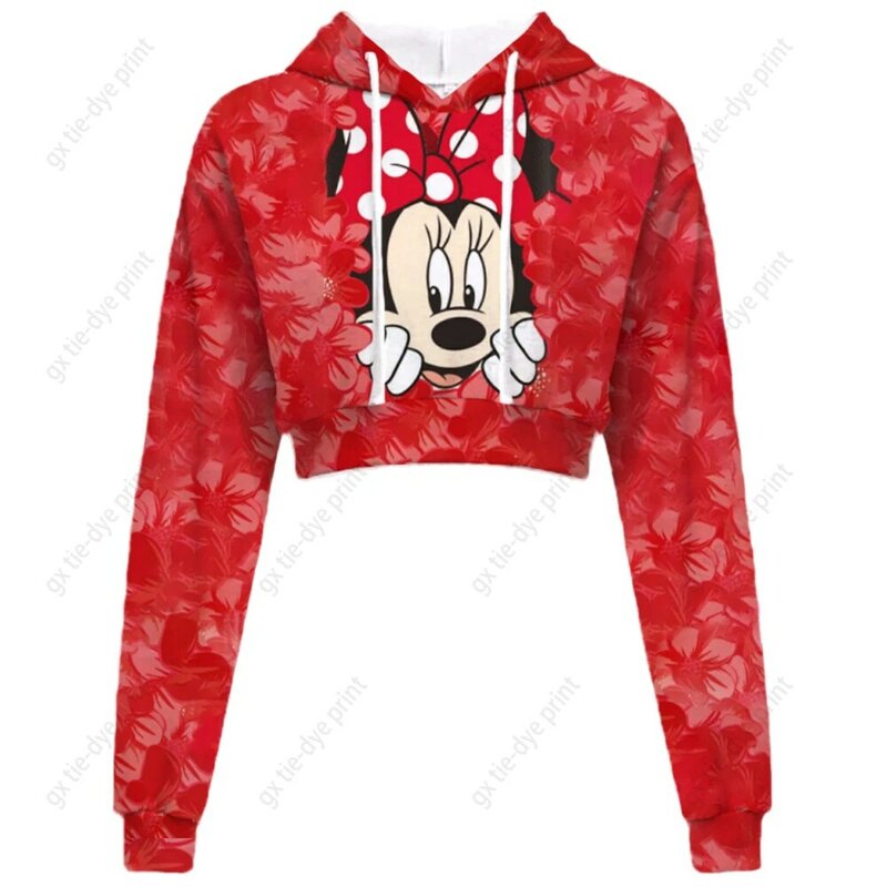 Sudadera corta con capucha para mujer, suéter con estampado de dibujos animados de Disney, Minnie, Mickey Mouse, estilo callejero, informal, ajustado al ombligo, primavera y otoño