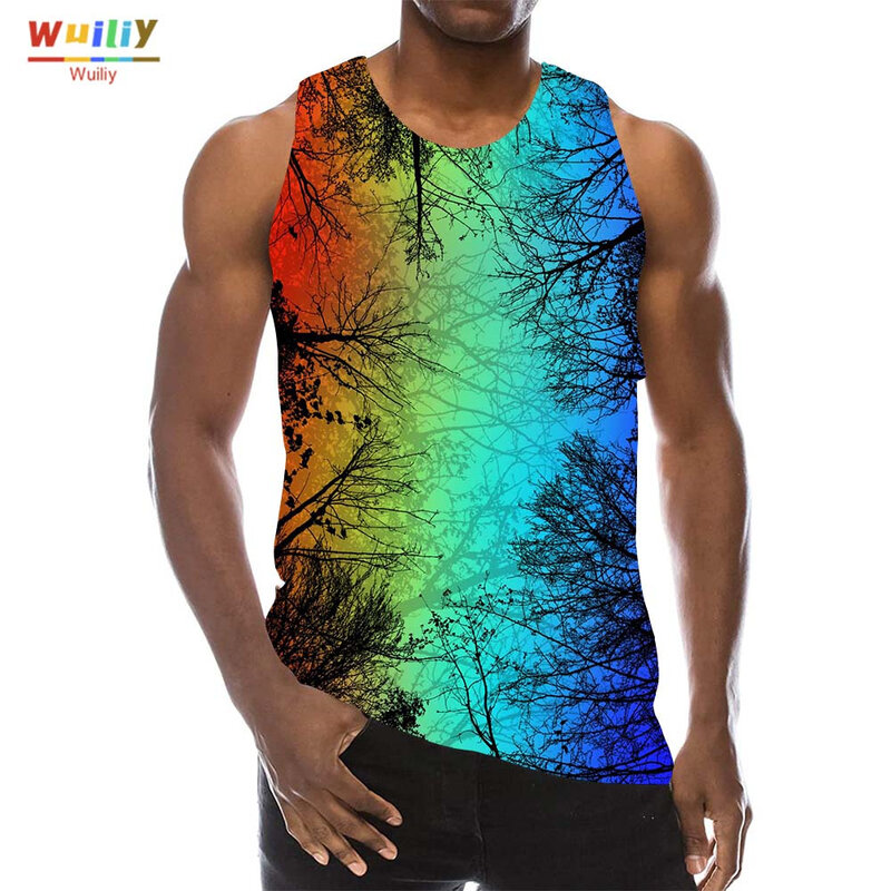 เสื้อกล้ามสำหรับผู้ชายเสื้อพิมพ์ลาย3D กราฟิกสีรุ้งเสื้อยืดแขนกุดหลากสีเสื้อยืดกีฬาฮิปฮอปยิมชายหาดฤดูร้อน