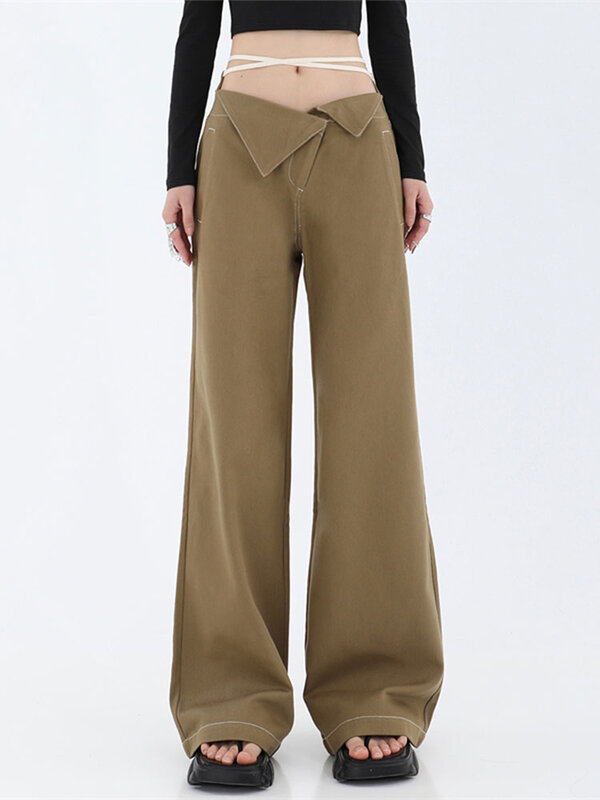 Джинсы хаки с высокой талией и широкими штанинами в американском стиле, Женские джинсы-бойфренды, джинсовые женские винтажные брюки в пол, П...