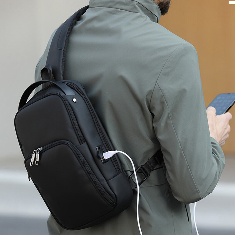 Bolso de pecho para hombre con carga USB, bolso de hombro de viaje deportivo resistente al agua, bandolera de moda