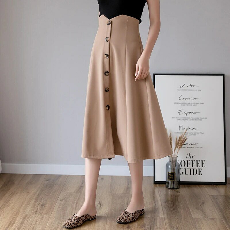 Wisher&Tong 2022 Spring Elegant A Line Skirt For Women High Waist Solid Color Office Wear Long Skirs Fashion Vintage Black Skirt