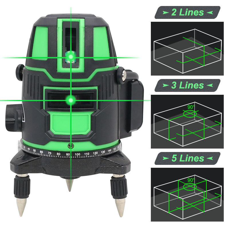 Niveau Laser rayon vert 2/3/5 lignes transversales autonivelant 360 rotatif intérieur extérieur en alternance directe horizontale verticale