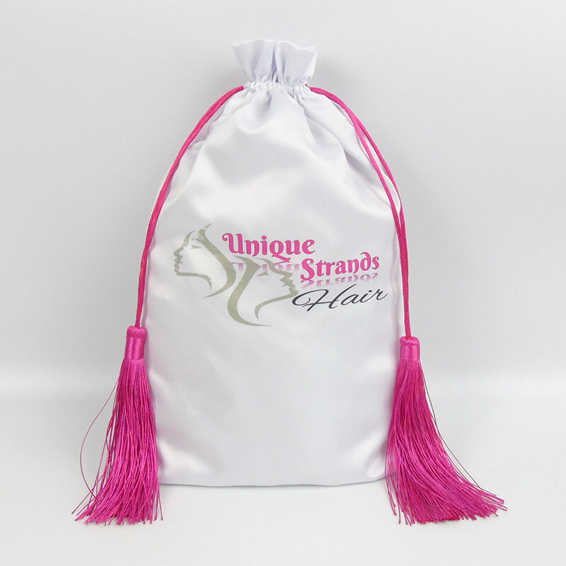 20 sztuk własne Logo satynowe torby do pakowania włosów jedwabiu pomponem torba ze sznurkiem 15x2 0/18x3 0/30x40cm peruka biżuteria prezent saszetka pyłoszczelna
