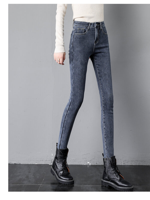 Frauen Thermische Jeans Herbst Winter Warme Stretchy Fleece Ausgekleidet Denim Hosen Leggings Blau Schwarz Weibliche Elastische Taille Dünne Hose