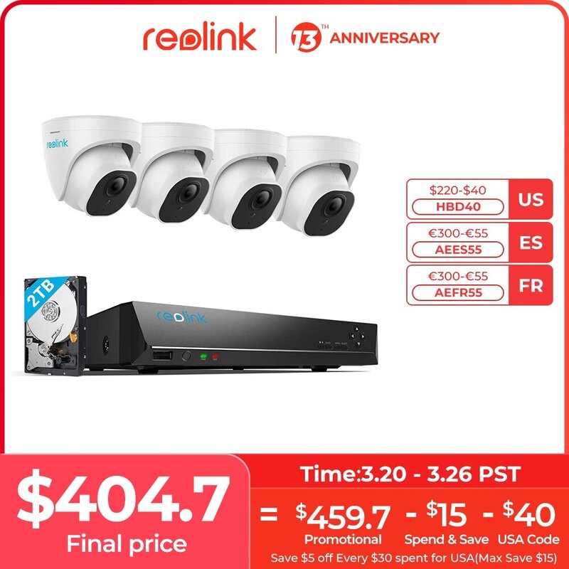 Reolink RLK8-820D4-A - Kit de NVR PoE 4K ultra HD inteligente con dissco duro de 2 TB para grabación 24/ 7 sistema de seguridad para el hogar con detección de humanos/ coches