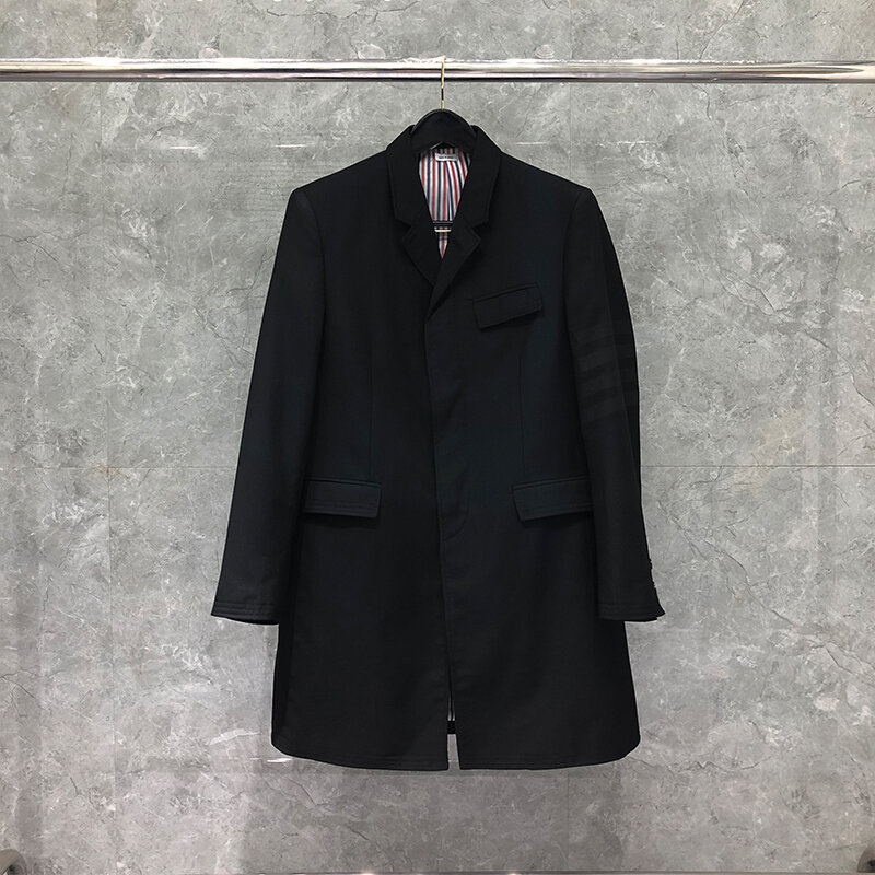 TB THOM-abrigo de marca a la moda para hombre, chaquetas ajustadas grises, de 4 barras abrigos negros, diseño de rayas, abrigo largo de lana TB