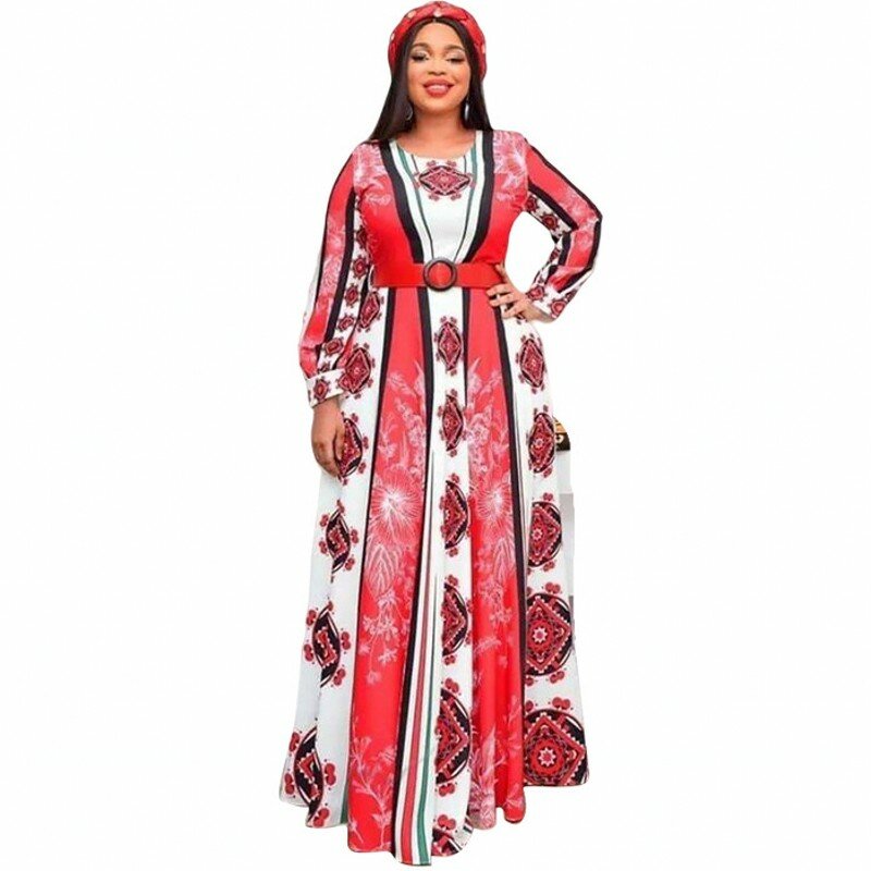 Gaun Afrika Gaun Maxi Wanita Motif Dashiki 2022 Gaun Swing Besar Retro Longgar Lengan Panjang Musim Semi Musim Gugur Baru + Vestidos Sabuk