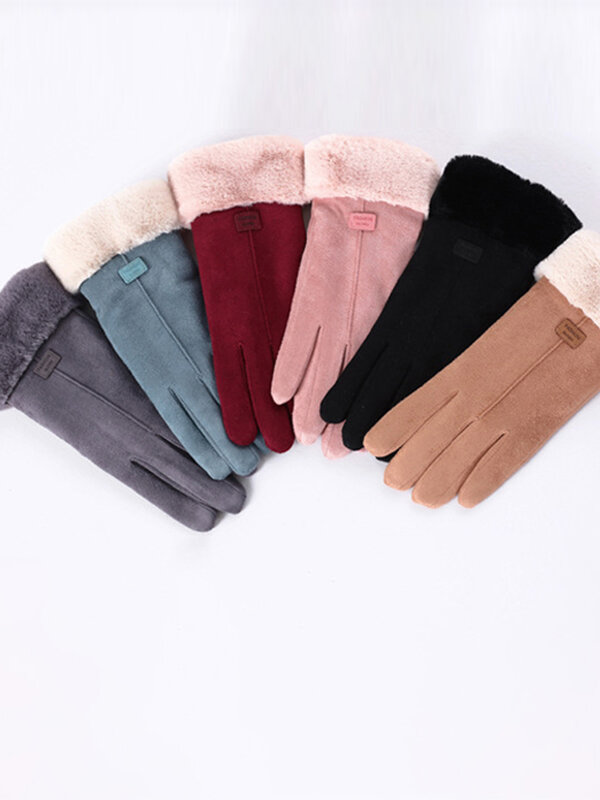 Women Cotton Suede Glove Touch Screen Winter Warm Thickened Plush Riding Gloves Windproof Gants Femmale 2022 Full Finger Mittens