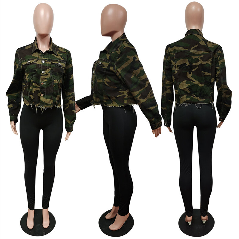Veste en jean à manches longues et col rabattu pour femme, manteau Cargo décontracté à simple boutonnage, haut court imprimé camouflage
