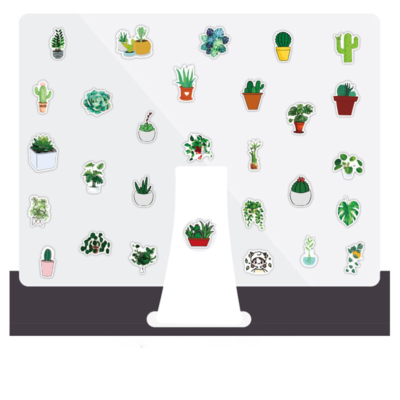 50 Buah Stiker Tanaman Kaktus Sukulen Notebook Botol Air Lucu Casing Ponsel DIY Buku Tempel Laptop Hijau Mainan Anak Tahan Air