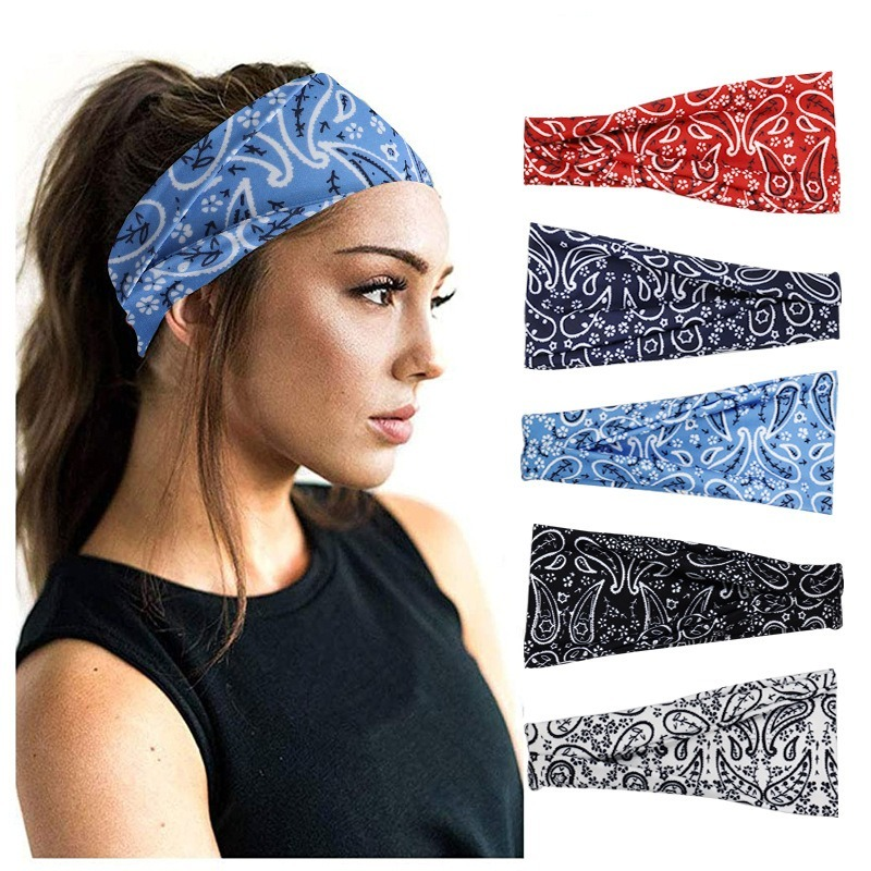 Summer Boho Hijab Elastic Headband Yoga Sports Cotton Headband for Women Headwear Print Vintage Cross Hair Tie