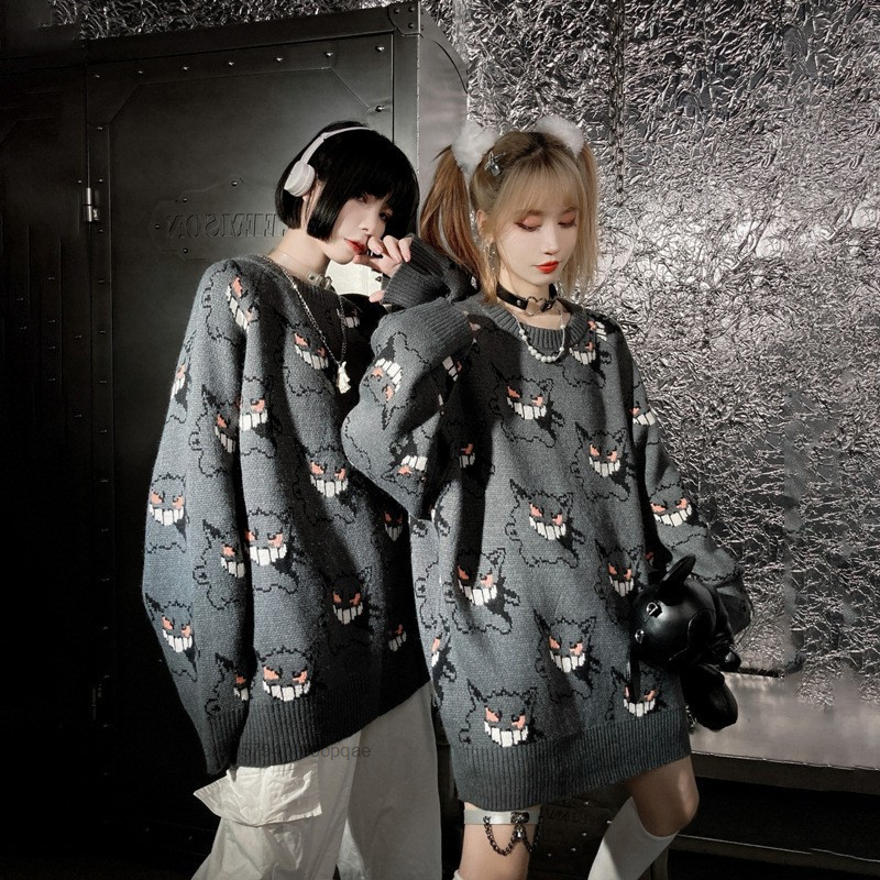 Anime pokemon gangar camisola feminina harajuku padrão pulôver solto estilo coreano outono inverno quente malha jumper mulher suéteres