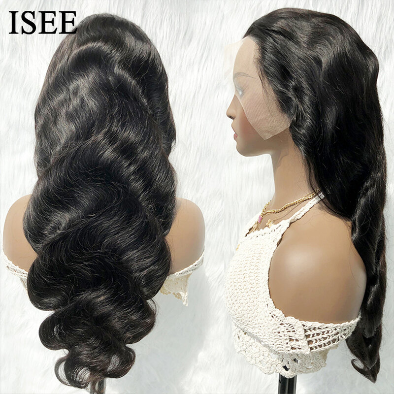 ISEE модные волосы 13x6 HD кружевной передний парик 32 дюйма бразильские волнистые человеческие волосы парики Preplucked 360 полностью кружевной фронт...