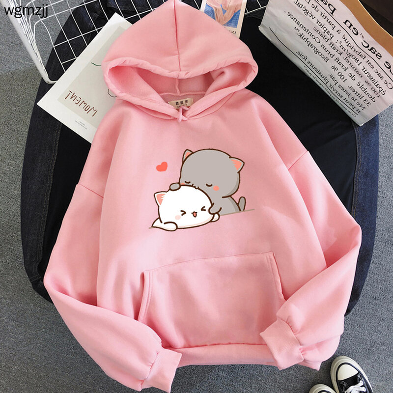 Pêssego gato kawaii roupas estéticas hoodie 2021 bonito rosa topos oversized moletom feminino impressão dos desenhos animados unisex quente streetwear