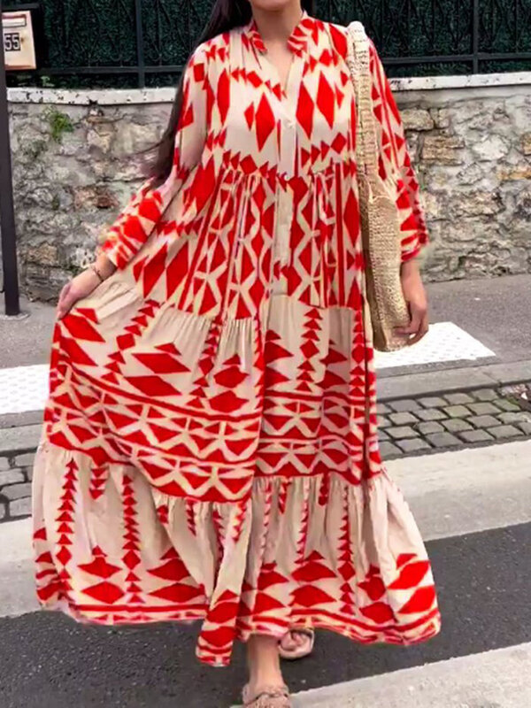 فستان ماكسي صيفي أنيق للشارع غير رسمي لعام 2023 للنساء فستان طويل فضفاض بفتحة رقبة على شكل v بتصميم هندسي بوهيمي.