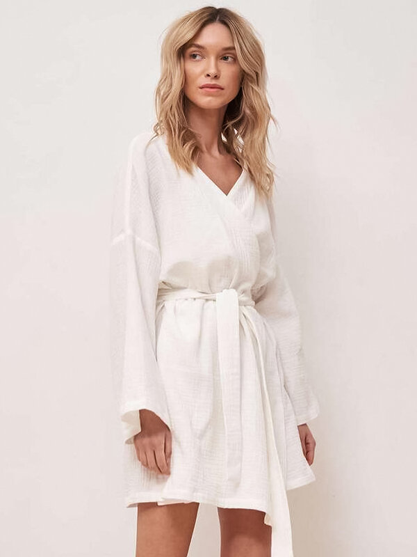 Hiloc-vestes brancas claras para mulheres, roupão de algodão de manga comprida com faixas, vestidos cinza, roupão feminino, vestido de vestir feminino, 2022