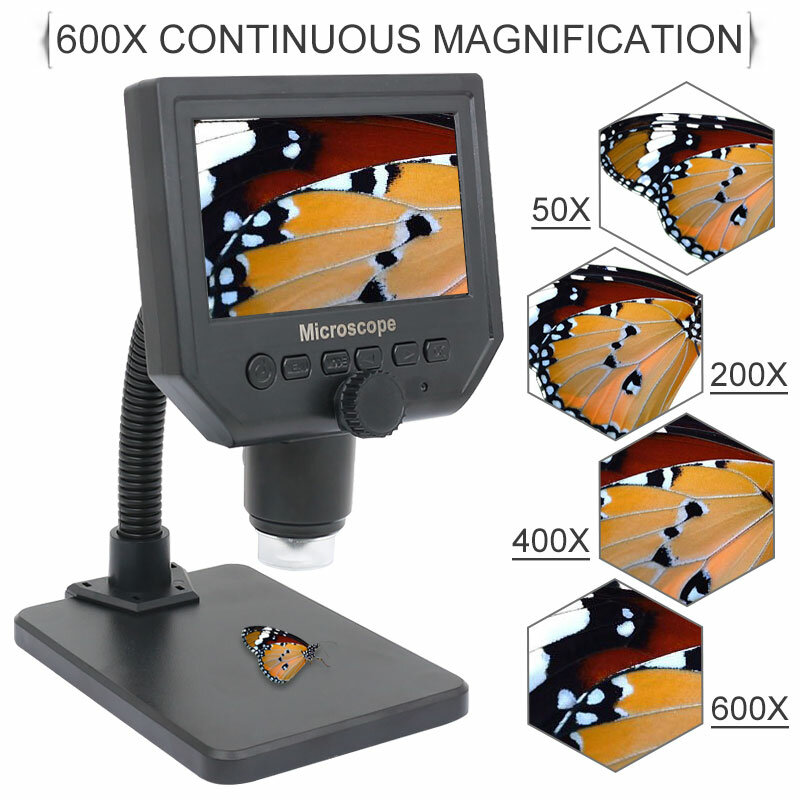 Microscope numérique 600X pour la réparation des PCB, USB 3.6MP 4.3 pouces HD LCD, affichage vidéo avec support en alliage d'aluminium en option