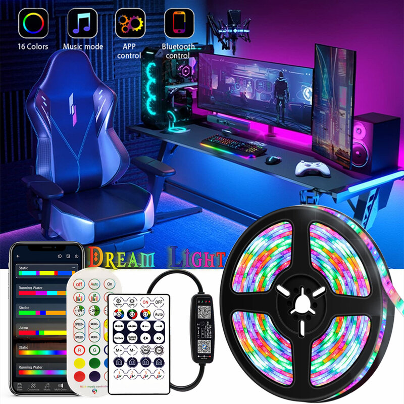 WS2812 LED Light Strips For Party Bedroom Decoration Bluetooth Remote Controller Music Dream Color Lighting RGB 5050 Ribbon Lamp