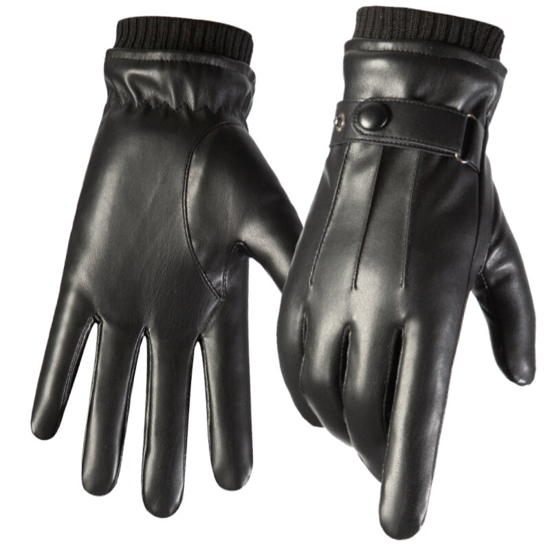 Men Winter Gloves Leather Black Gloves Button Warm Mittens Luxurious PU Leather Driving Men's Genuine Windproof Driving Gloves