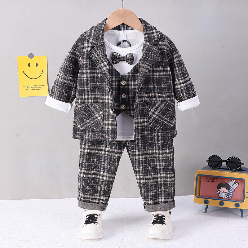 Traje formal de moda para bebé, traje de 3 piezas con corbata de caballero para niños, camisa de manga larga de primavera y otoño + chaqueta 0-4 yea, novedad de 2023