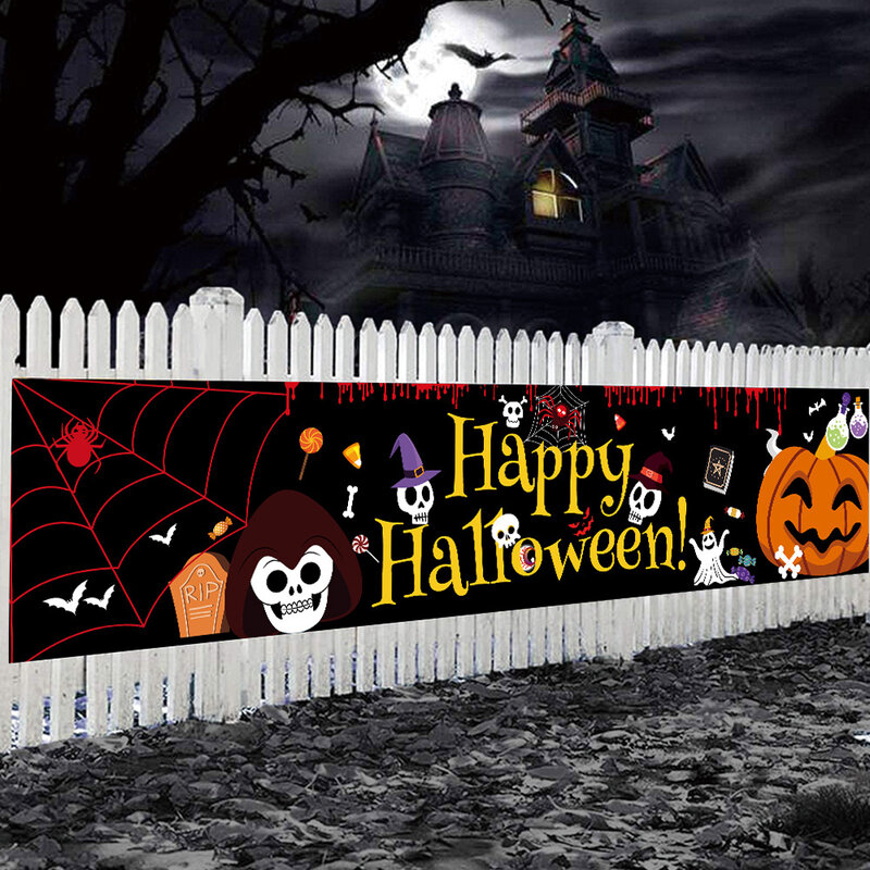 Banner de feliz Halloween de 180cm de largo, Banner colgante con calabaza aterradora, huella de mano sangrienta, murciélagos para decoración de fiesta de Halloween de patio