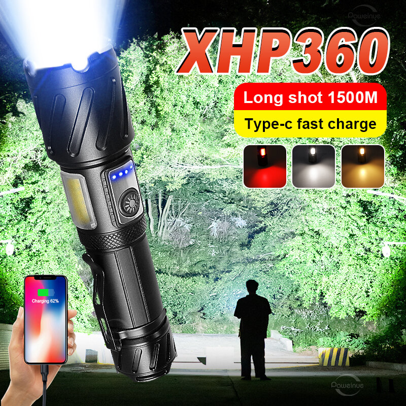 Super XHP360 High Power Led Flashlights 26650 XHP90 Powerful Tactical Flashlight Torch Rechargeable Hand Lantern For Camping
