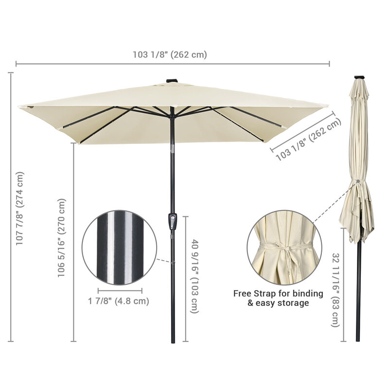 9x9 Ft 파티오 우산, 독특한 사각형 모양 UV30 + 보호 베이지