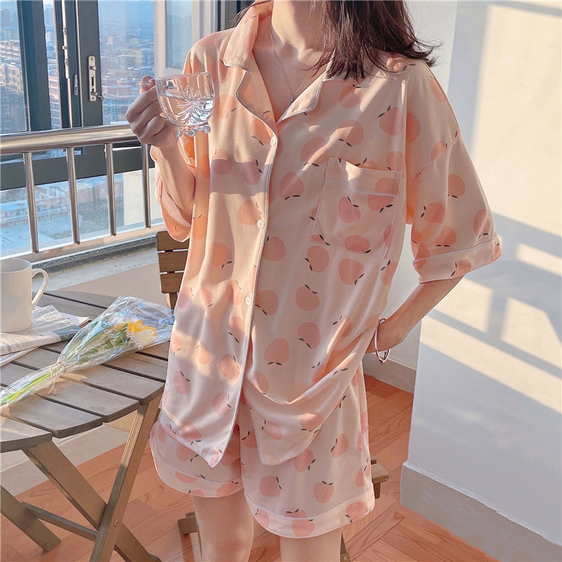 XEJ Pfirsich Pyjamas Frau Sommer Pijama Kawaii Hause Kleidung für Frauen Pyjamas Kurzen Schlafanzug für Frauen Nachtwäsche Frauen Nachthemd