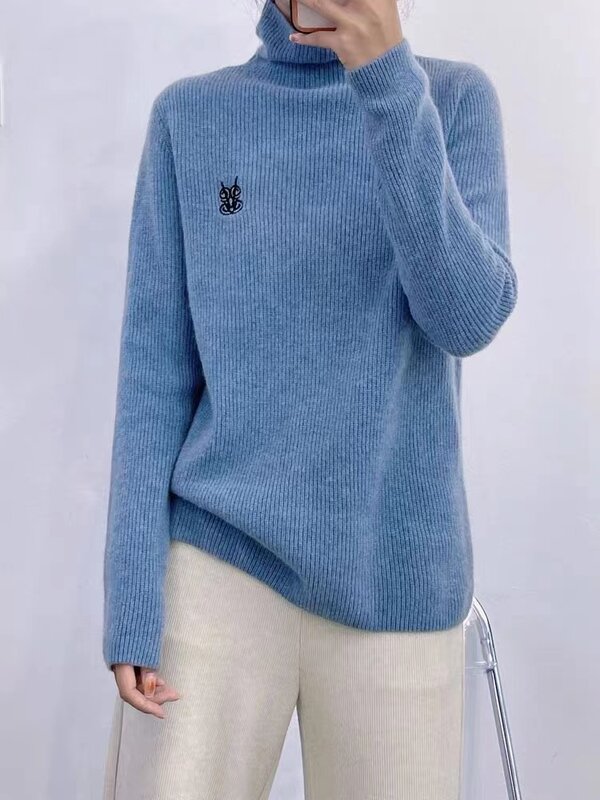 Suéter de lana para mujer, Jersey holgado de cuello alto con mangas largas y bordado Delgado, nuevo, Otoño e Invierno