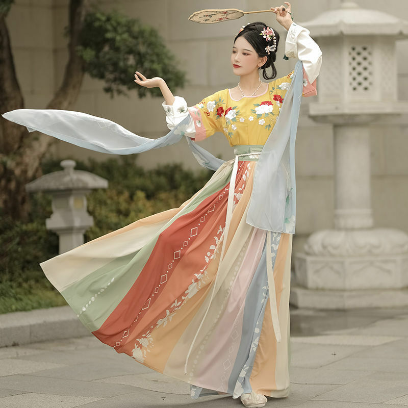 Pakaian Tradisi Tiongkok Gaun Menari Wanita Dinasti Tang Merah Muda 3 Potong Set Kostum Cosplay Kuno Peri Bordir Musim Gugur