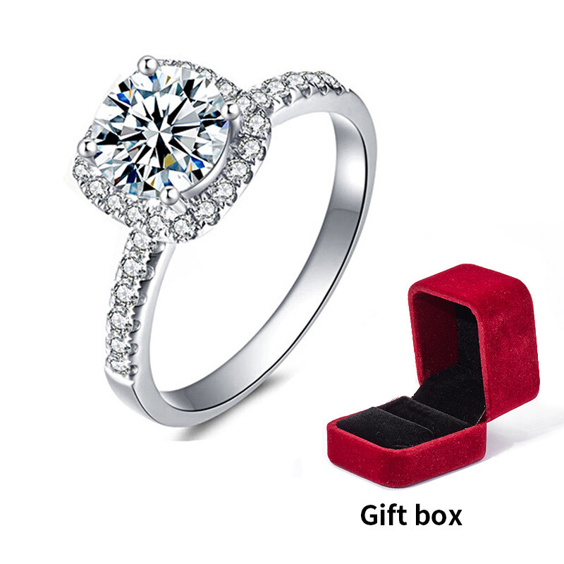 Bagues de luxe en Moissanite 100%, 1 Carat de diamant, en argent Sterling 925, pour femmes et filles, brillantes, boîte-cadeau de fiançailles