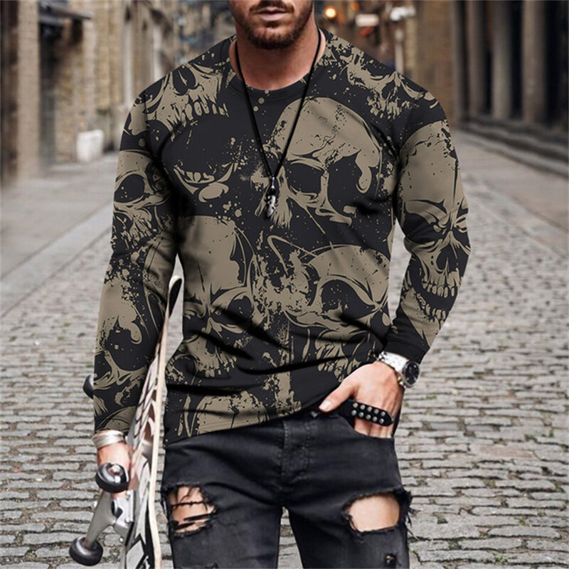 3D Skull Printed Men's O-Neck Long Sleeve T-Shirt Fashion Loose Casual T Shirt Breathable Oversized Tshirt Male Streetwear Tops