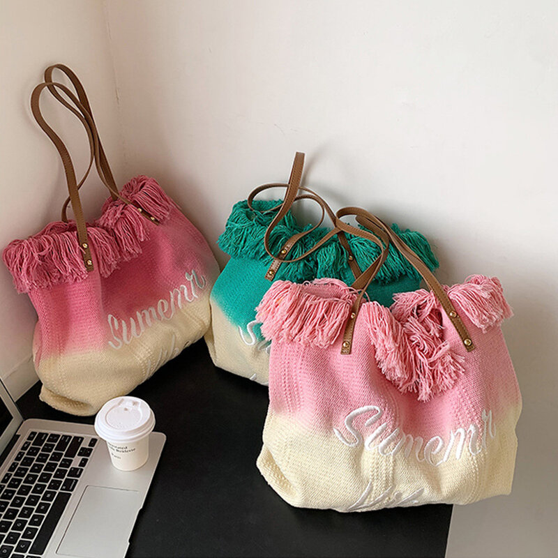 Overlarge Tassel Canvas Tote Shoulder Bag Gradient Letter Women's Handbags Designer Big Shopper Bags for Women 2022 Purses New