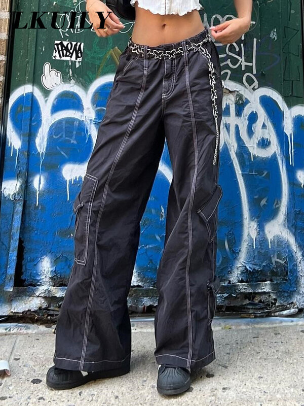 Y2K Celana Kargo Saku untuk Wanita Celana Longgar Lurus Celana Panjang Pinggang Rendah Estetika 20S Antik Harajuku Jeans Longgar Kaki Lebar