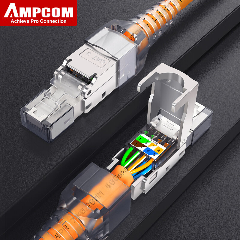 AMPCOM-conector RJ45 CAT8 sin herramientas, conector modular de terminación Ethernet reutilizable cat8 cat7 cat6a para Cable lan de 22AWG a 26AWG
