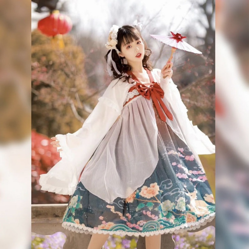 Hanfu Frauen verbessert täglich gedruckt chinesische Brust-Länge Frühling Sommer japanische Süßigkeiten Lolita Stil Kleid