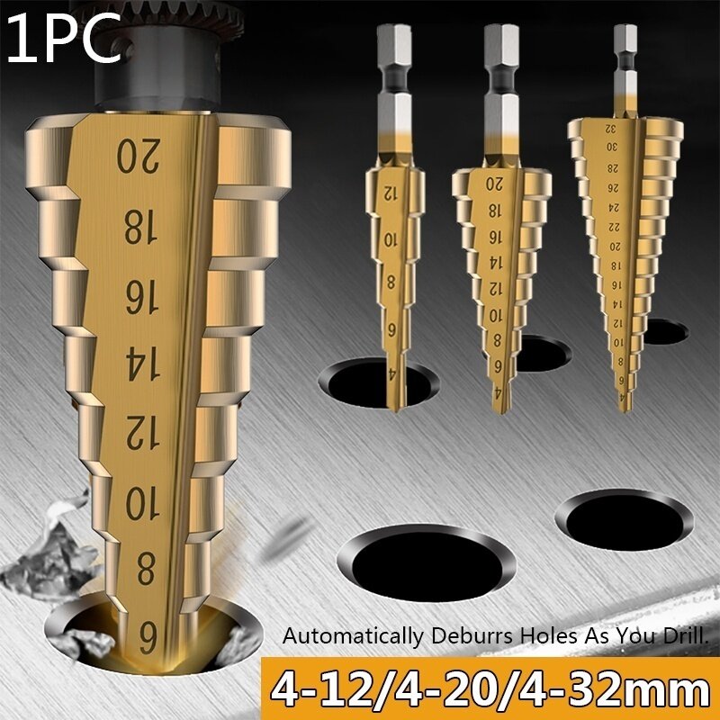 Conjunto de brocas passo, 4-12/20/32mm hss perfuração dourada ferramentas elétricas para metal aço de alta velocidade, cortador de madeira, brocas cone