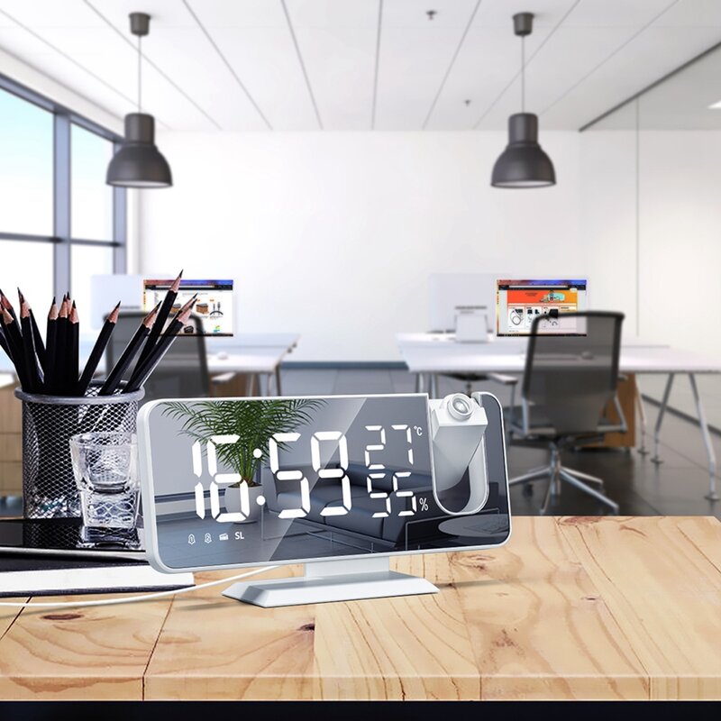 Radio LED Digital Smart Alarm Clock orologio da tavolo orologi da tavolo elettronici USB con tempo di proiezione a 180 ° Snooze Black