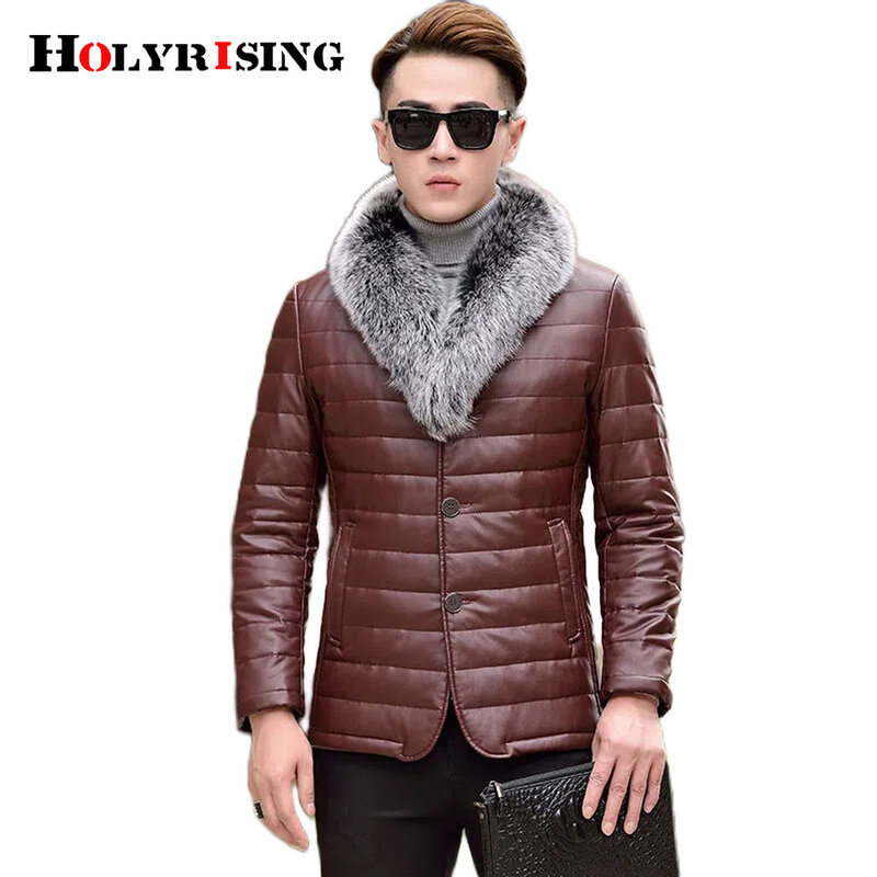Men Removable natural fur winter leather coat 90% white duck down men's winter artificial leather coat M-4XL куртка мужская 204