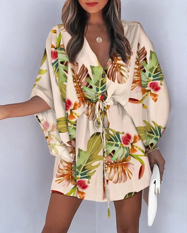 Fashion Batwing Sleeve Print Lace Up Mini Dress For Women Sexy V-neck Casual Loose Boho Holiday Short Dresses Woman 2022 Summer