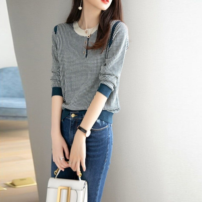 Elegant Chic Buttons Houndstooth Jacquard Knitted Sweater Women 2022 Autumn Winter Korean Street Pullovers Slim Basic Top Female