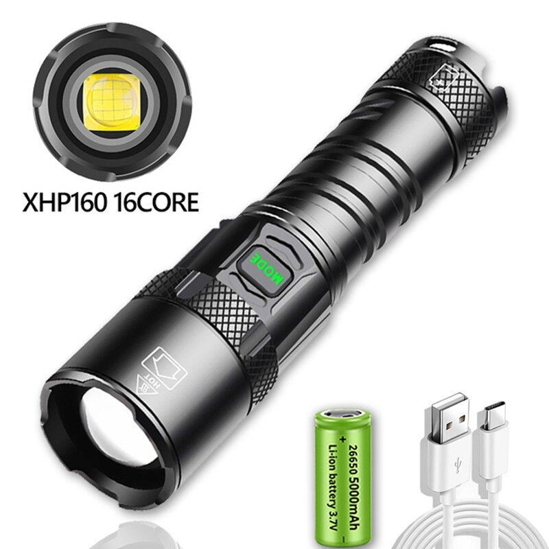 Linternas Led de alta potencia XHP160, las más potentes lámparas recargables, linterna de luz LED para acampar, linterna táctica 18650