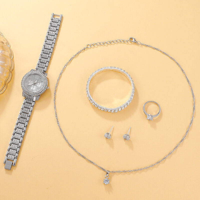 Luksusowy damski srebrny pasek stalowy zegarek zestaw diamentów kwarcowy elegancki zegarek dwuwarstwowa bransoletka naszyjnik kolczyk zestaw pierścieni [No Box]