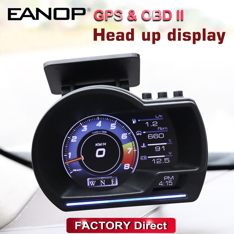 Eanop l200pro hud obd 2 gps duplo sistema digital head-up display obdii guage monitoramento de segurança alarme de excesso de velocidade temperatura da água